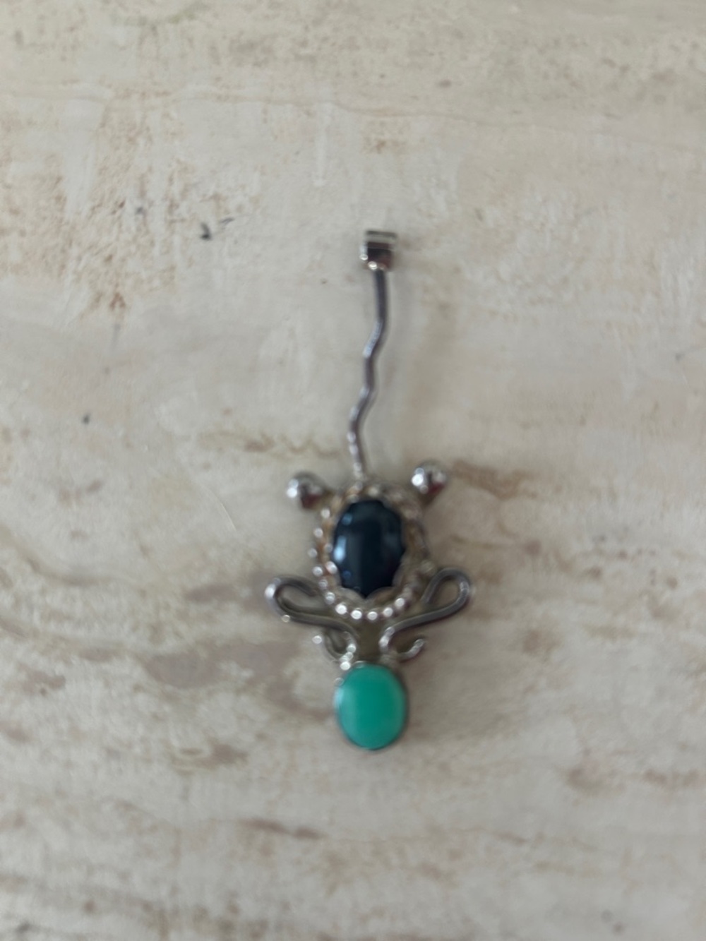 Signed Sterling Silver Turtle Design Pendant with Blue and Turquoise Stones